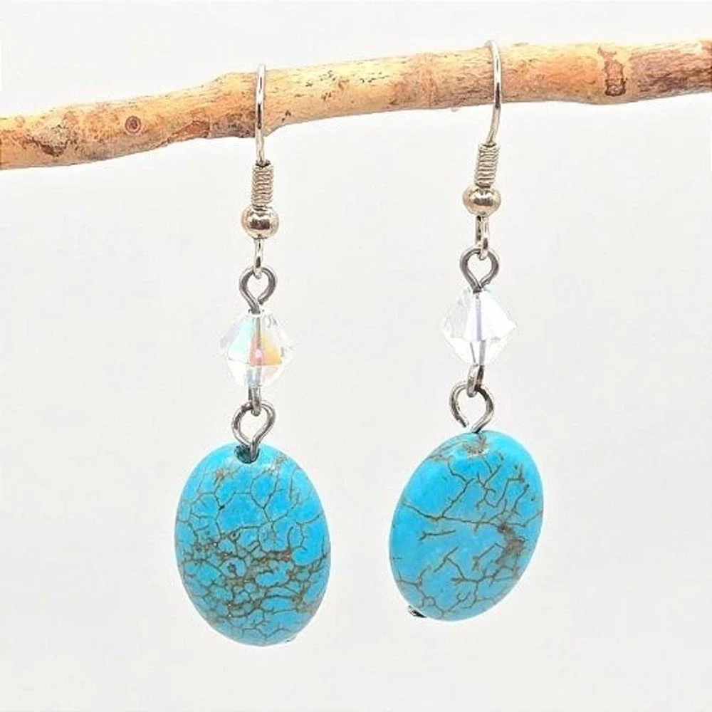 Turquoise Blue Oval‎ Gemstone Dangle Earrings Crystal Accents Silver Tone Hooks